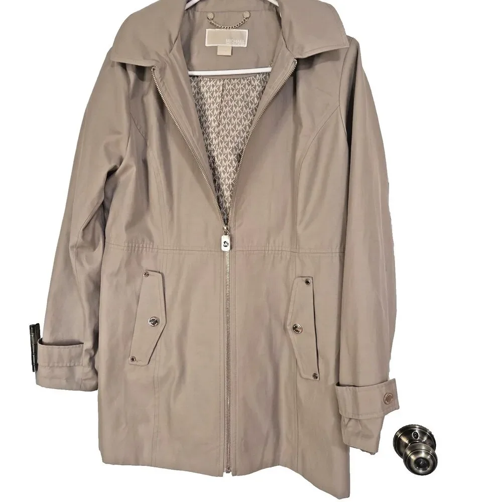 Michael Kors Petite M Khaki Hooded Rain Jacket Lightweight Gold Zip